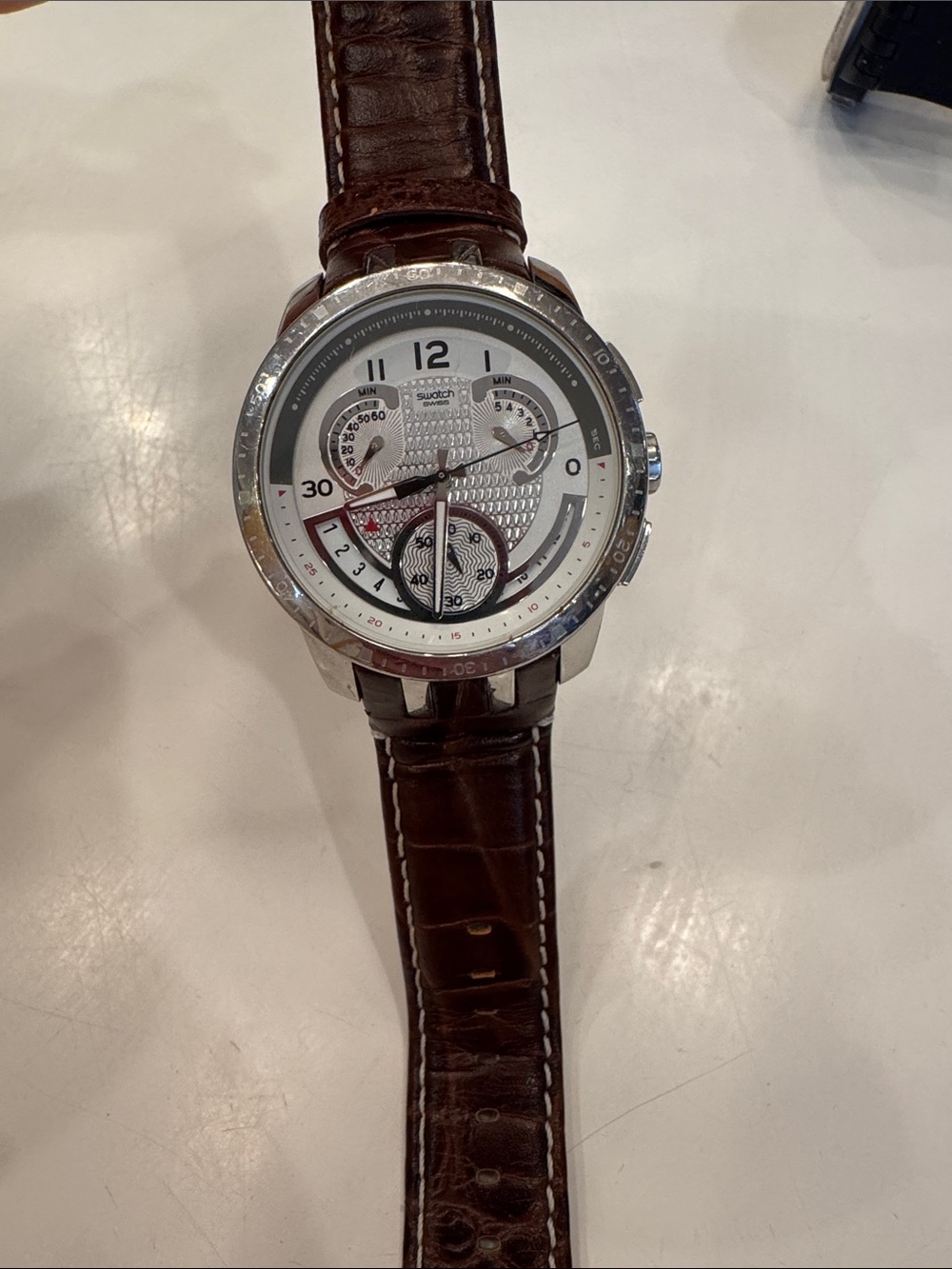 Swatch Silver and Brown Leather Chronograph Watch 2007